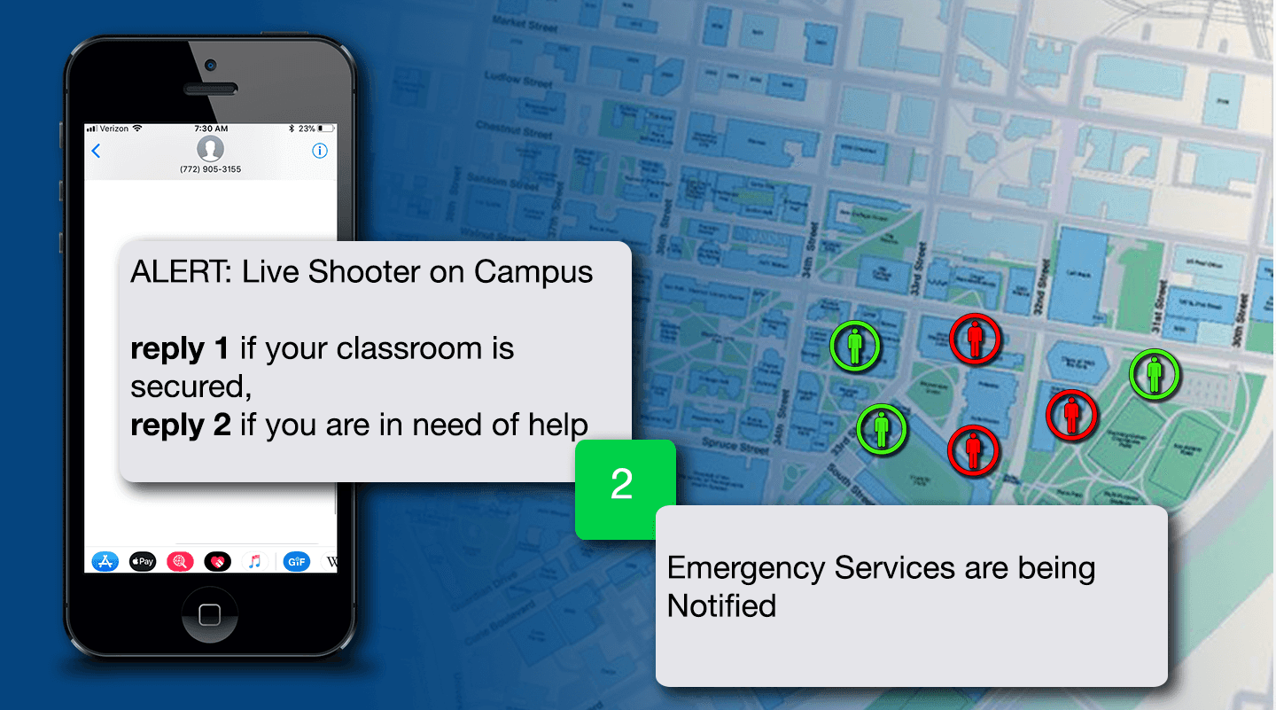 Mobile phone alert about live shooter on campus with map showing secured and unsecured areas.