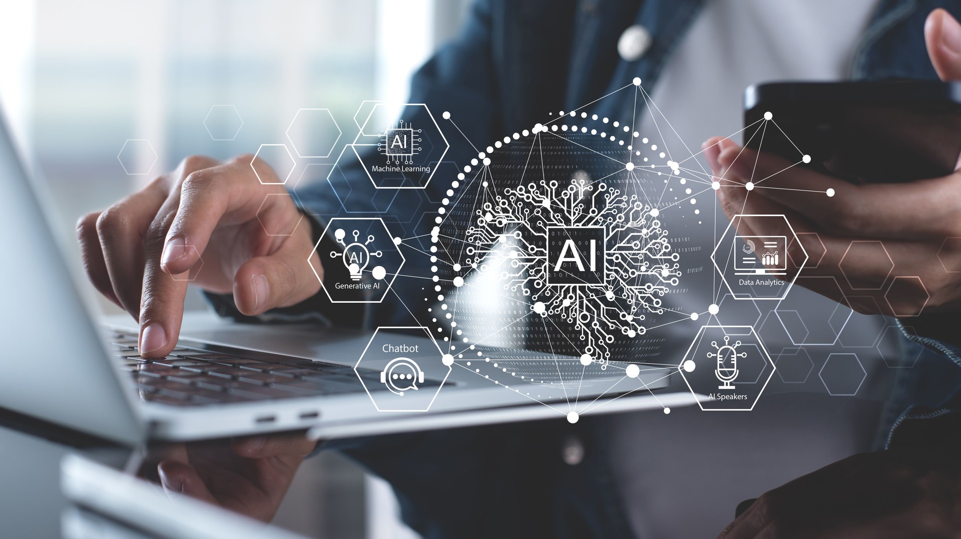 AI and Business intelligence technology concept. Business development with AI machine learning for customer service system, digital chatbot, data analysis and digital marketing with global network connection