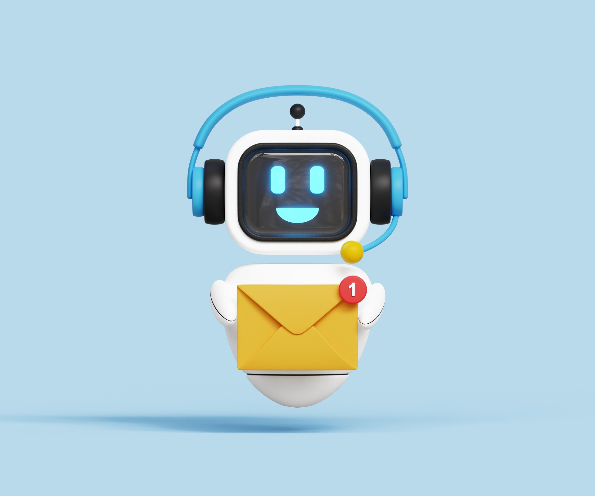 Digital AI newsletter concept. AI-powered Email Marketing Automation. Marketing automation, email software, artificial intelligence. Robot holding envelope or email in hand. 3d illustration