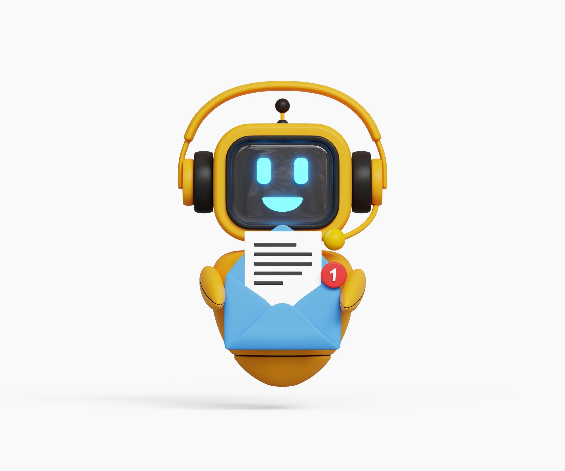 AI-powered Email Marketing Automation. Digital AI newsletters, Marketing automation, email software, artificial intelligence. 3D Robot holding envelope or email in hand. 3d illustration